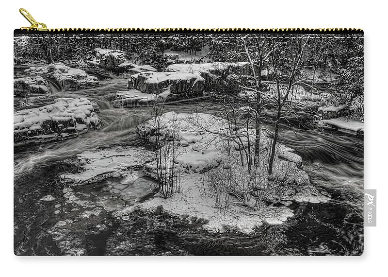 Eau Claire Dells Zip Pouch featuring the photograph Eau Claire Dells Snow Covered Island BW by Dale Kauzlaric