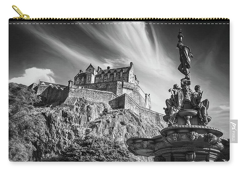 Edinburgh Castle Zip Pouch featuring the photograph Edinburgh Castle Scotland Black and White by Carol Japp