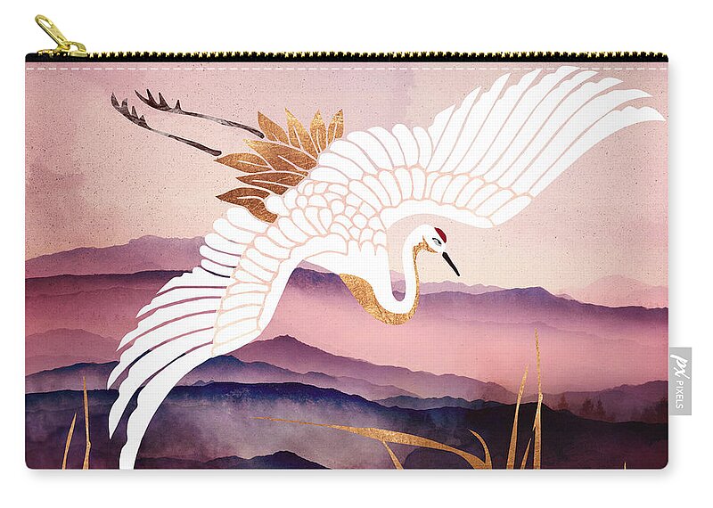 Abstract Depiction Of A Crane Flying With Copper Zip Pouch featuring the digital art Elegant Flight III by Spacefrog Designs