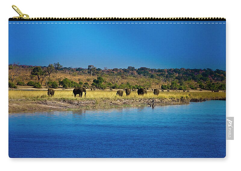 Scenics Zip Pouch featuring the photograph Elephants By Chobe River, Chobe by Thomas Varley