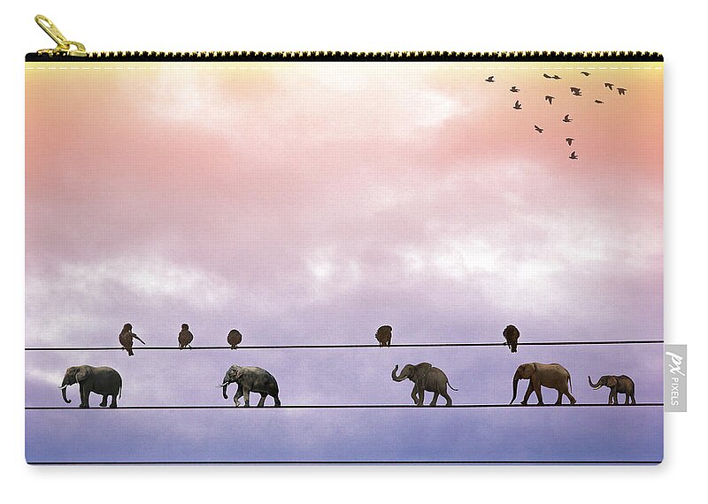 Surreal Zip Pouch featuring the digital art Elephants on the Wires by Alex Mir