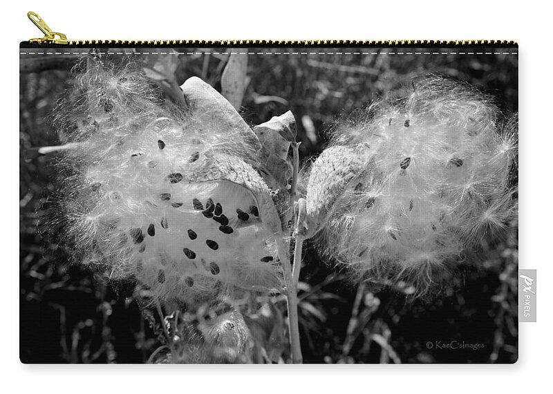 Milkweed Seeds Zip Pouch featuring the photograph Emerging Milkweed seeds in Black and White by Kae Cheatham