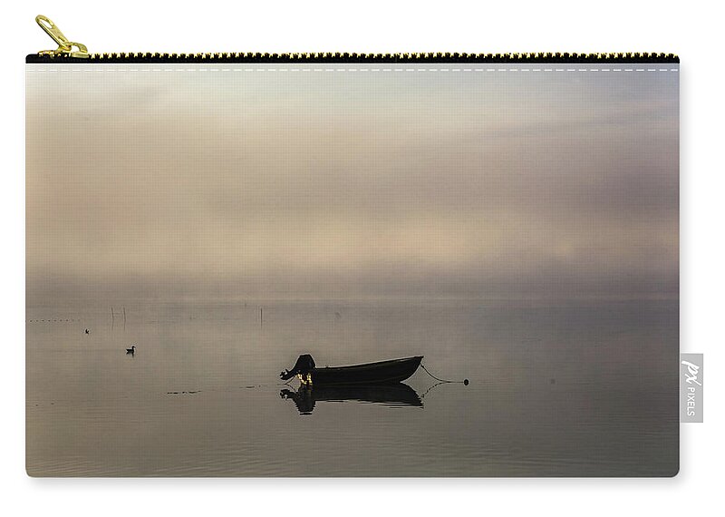 Fog Zip Pouch featuring the photograph Ethereal Foggy Harbour by Douglas Wielfaert