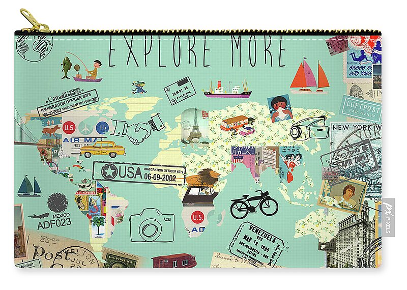 Exlore More World Map Zip Pouch featuring the mixed media Exlore more world map by Claudia Schoen