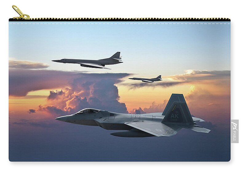 U.s. Air Force Zip Pouch featuring the digital art  F-22 Raptor Escorting Russian Tu-160 Blackjacks by Erik Simonsen