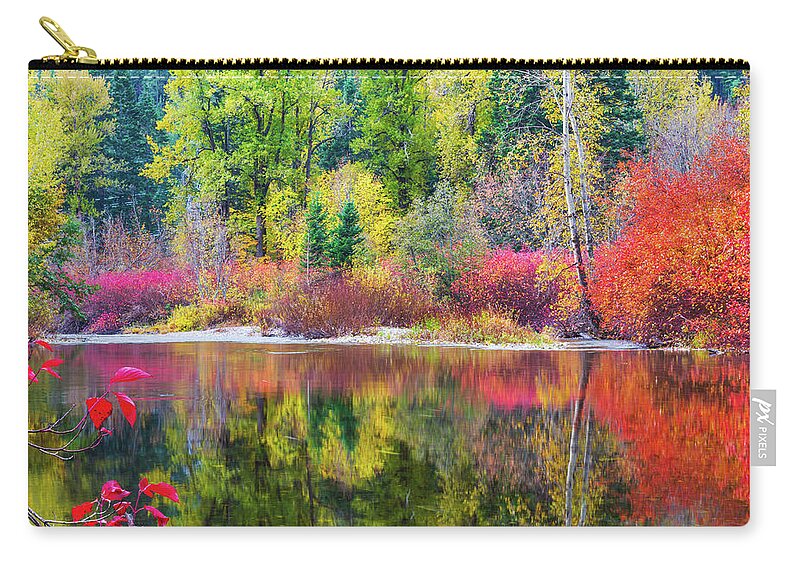 Outdoor; Fall; Colors; Autumn; River; Reflection; Nason Creek; Cascade; Central Cascade; Washington Beauty; Pacific North West; Washington; Washington State Zip Pouch featuring the digital art Fall colors in central Cascade by Michael Lee