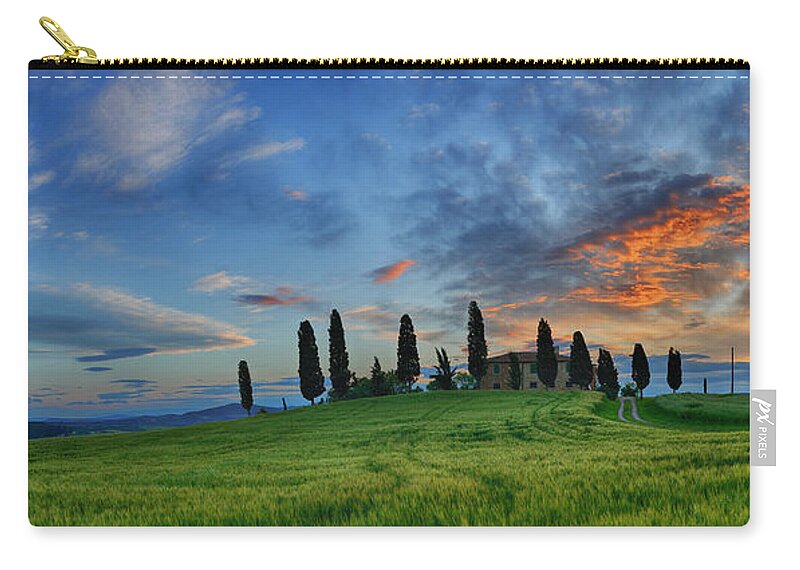 Tranquility Zip Pouch featuring the photograph Farmhouse With Cypress Trees At Sunrise by Martin Ruegner