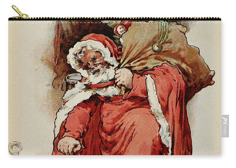 Gifts Zip Pouch featuring the painting Father Christmas Emerging From A Fireplace With A Sack Of Presents by European School