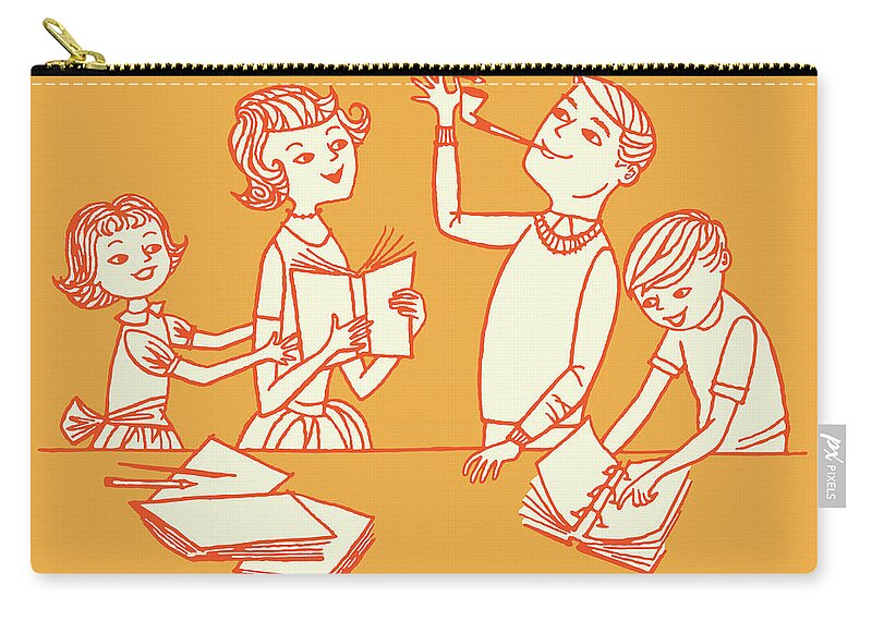 Adult Zip Pouch featuring the drawing Father Lighting Pipe With Family by CSA Images