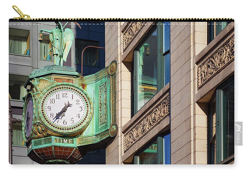 Downtown District Zip Pouch featuring the photograph Father Time Clock In Chicago Illinois by Benedek