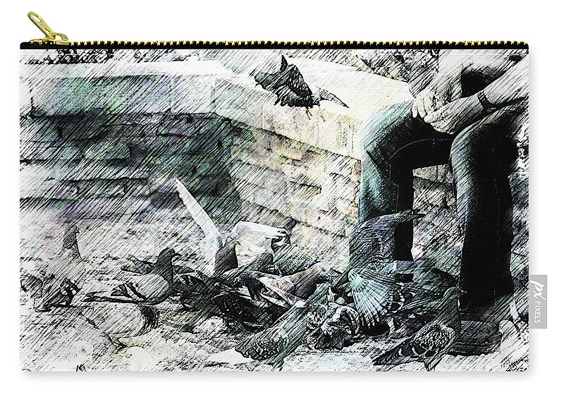Urban Zip Pouch featuring the photograph Feeding Pigeons in Malaga by Norma Warden