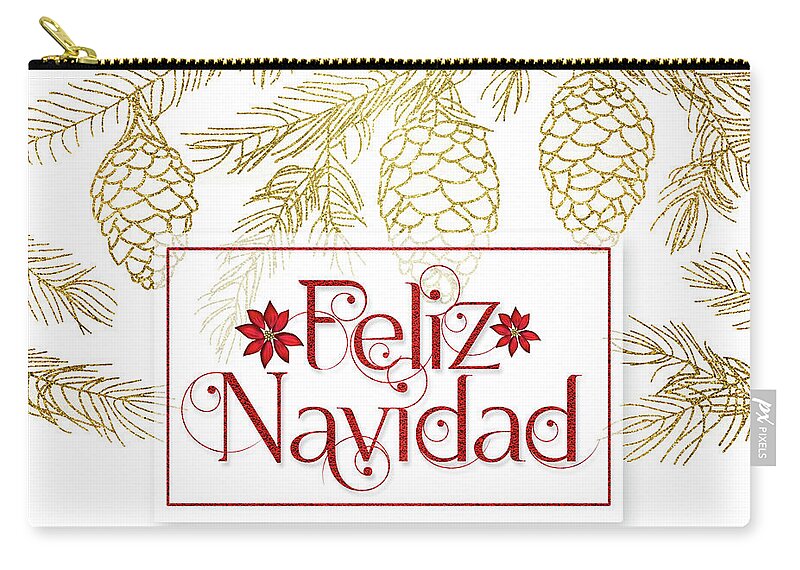 Christmas Zip Pouch featuring the digital art Feliz Navidad Golden Pines with Red Typography by Doreen Erhardt