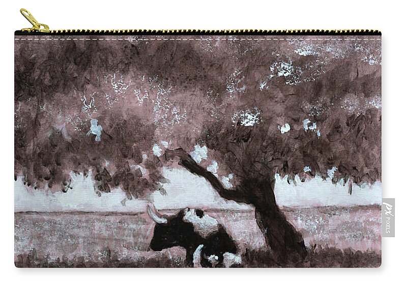 Bull Zip Pouch featuring the painting Ferdinand Under The Cork Tree the drawing by David Zimmerman