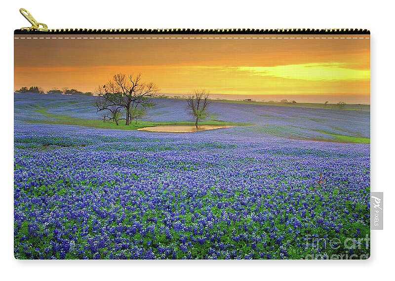 Texas Bluebonnets Zip Pouch featuring the photograph Field of Dreams Texas Sunset - Texas Bluebonnet wildflowers landscape flowers by Jon Holiday