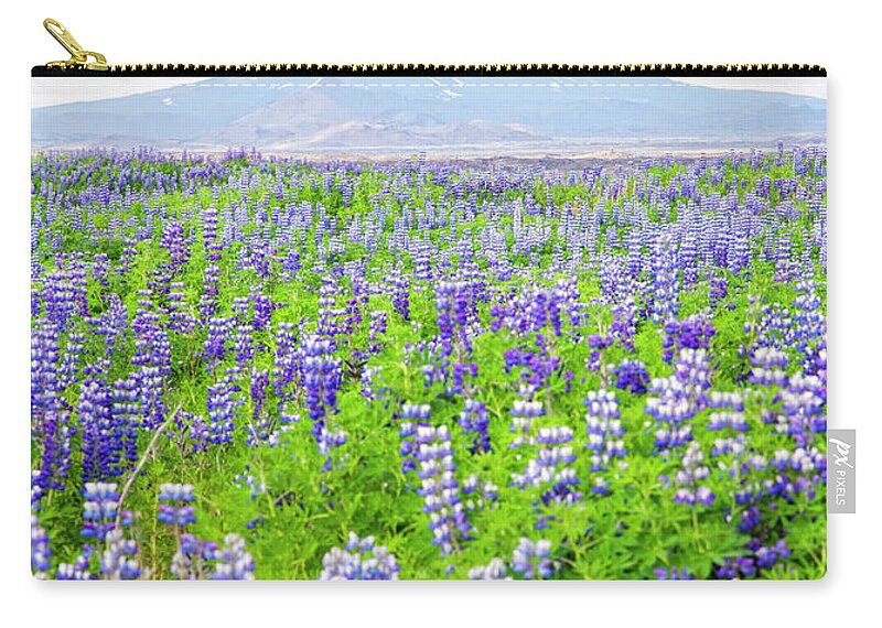 Scenics Zip Pouch featuring the photograph Field With Lupine Flowers, And A Volcano by Elisabeth Pollaert Smith