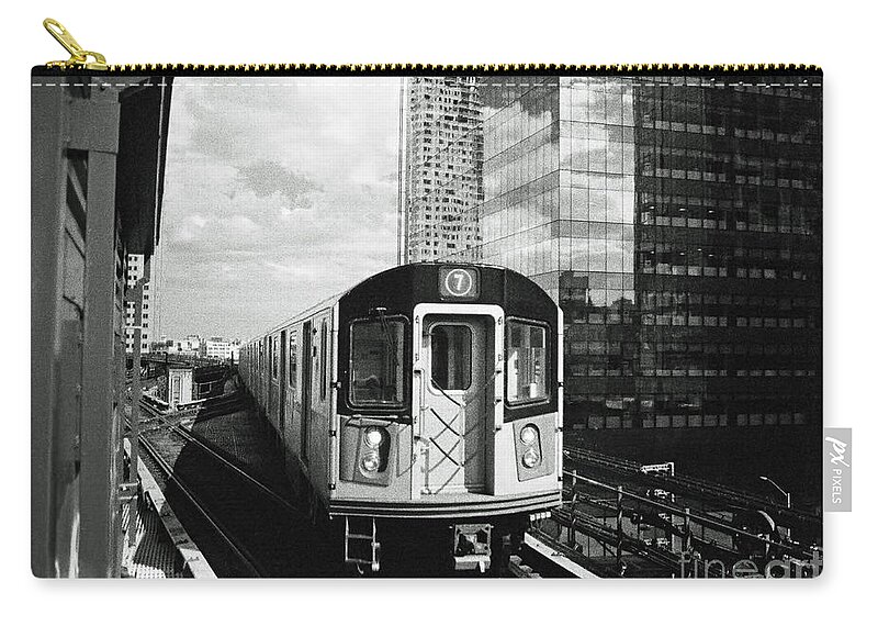 Black And White Carry-all Pouch featuring the photograph Filmic N Y C No.7 - 7 Train at Queensboro Plaza by Steve Ember