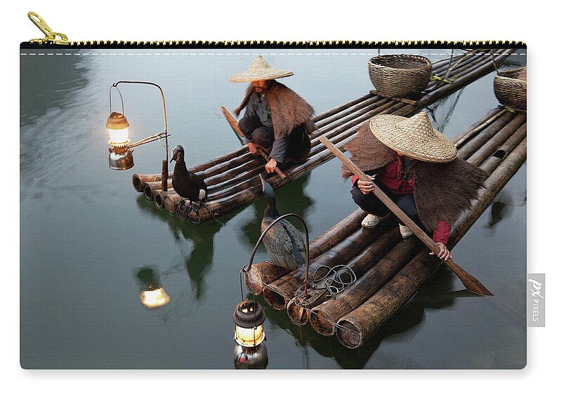 Yangshuo Zip Pouch featuring the photograph Fishing With Cormorants by Kingwu