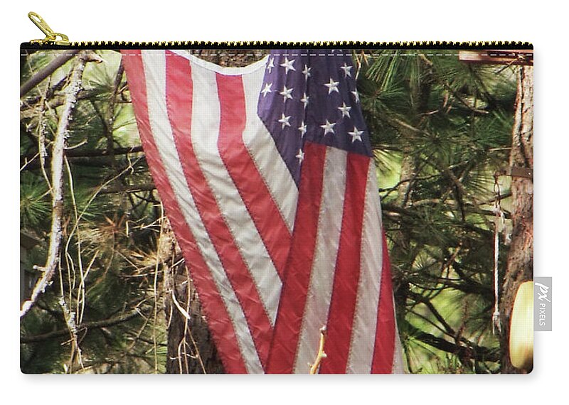 Flag Zip Pouch featuring the photograph Flag in the woods by Ron Roberts