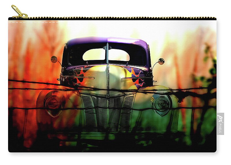  Zip Pouch featuring the mixed media Flamed and Barbed Vintage Car by Lesa Fine