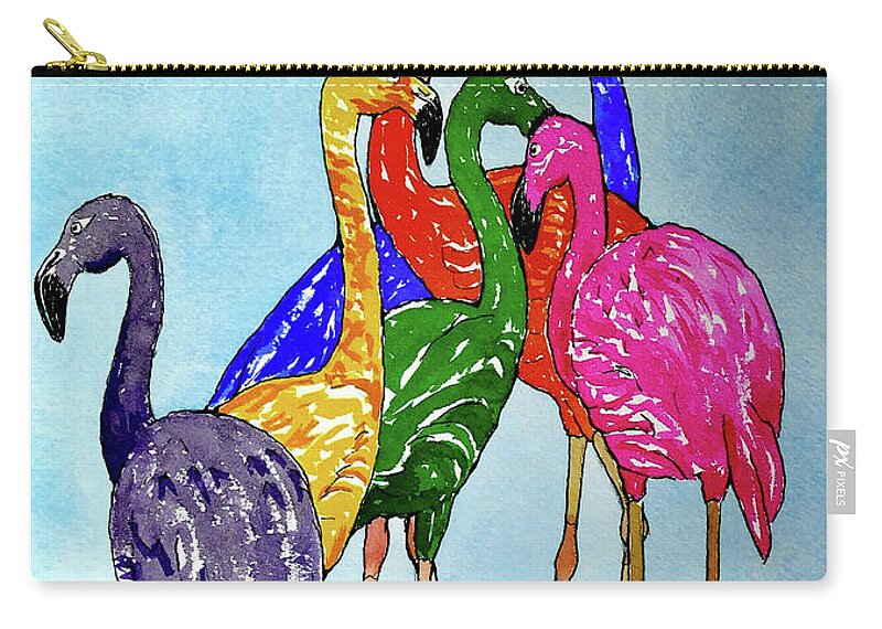 Flamingo Zip Pouch featuring the painting Flamingo Color Riot by Margaret Zabor