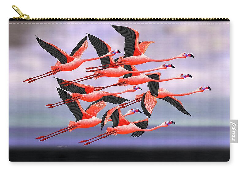 Flamingos Zip Pouch featuring the painting Flamingos in Flight by David Arrigoni