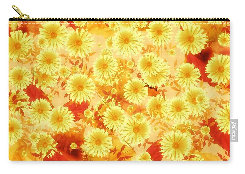 Flower Zip Pouch featuring the mixed media Floral Flurry Orange Yellow by Rachel Hannah
