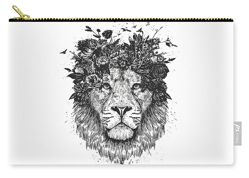 Lion Carry-all Pouch featuring the drawing Floral lion by Balazs Solti