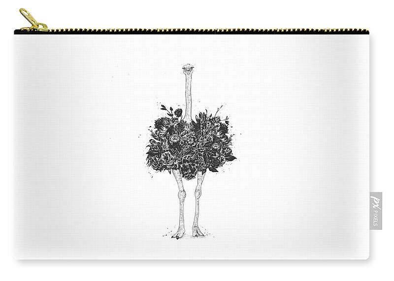 Ostrich Zip Pouch featuring the drawing Floral ostrich by Balazs Solti