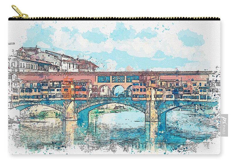 Nature Zip Pouch featuring the painting Florence or Firenze, a view of the Arno River and the Ponte Vecchio Bridge, watercolor by Adam Asar by Celestial Images