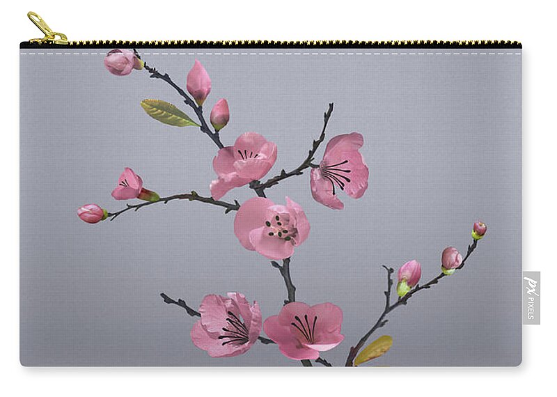 Asian Zip Pouch featuring the digital art Flowering Pink Quince in Vase by M Spadecaller