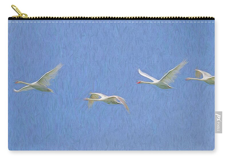 Swan Art Zip Pouch featuring the photograph Flying Swans Art Panorama by David Pyatt