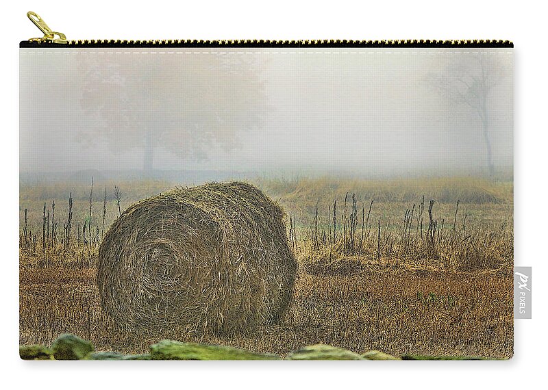 Bale Of Hay Zip Pouch featuring the photograph Foggy autumn morning near the beach by Cordia Murphy