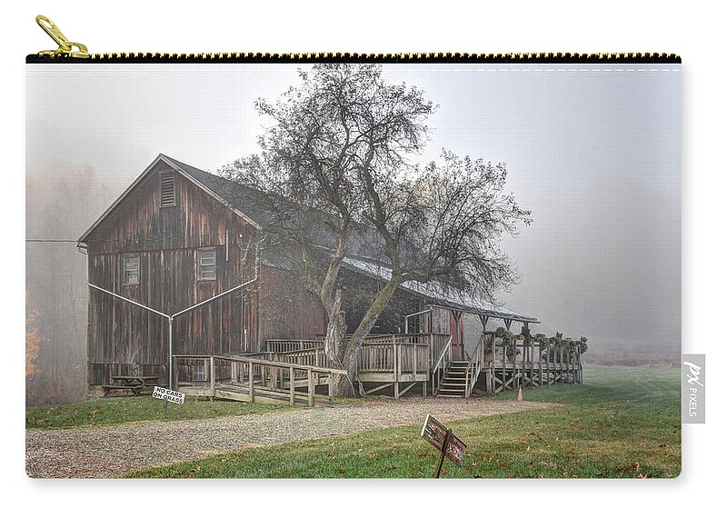 Barn Zip Pouch featuring the photograph Foggy barn by Ann Bridges