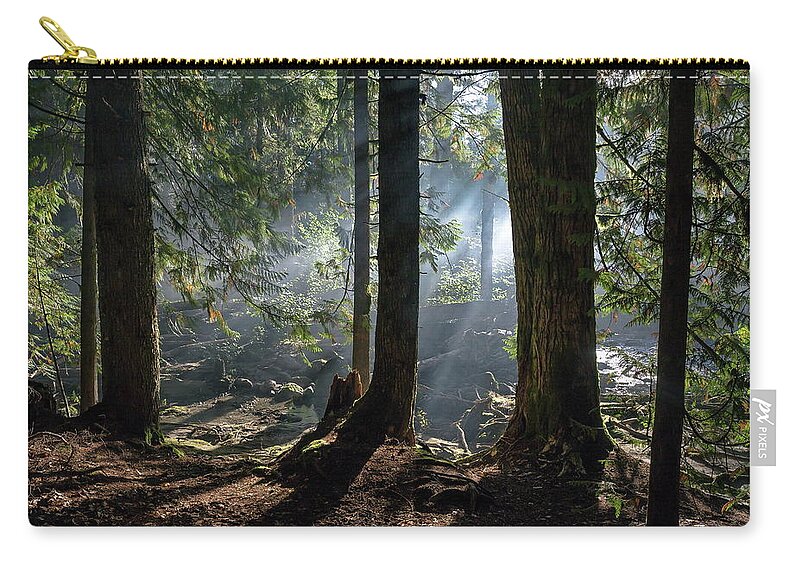 Alex Lyubar Carry-all Pouch featuring the photograph Foggy morning in the forest by Alex Lyubar