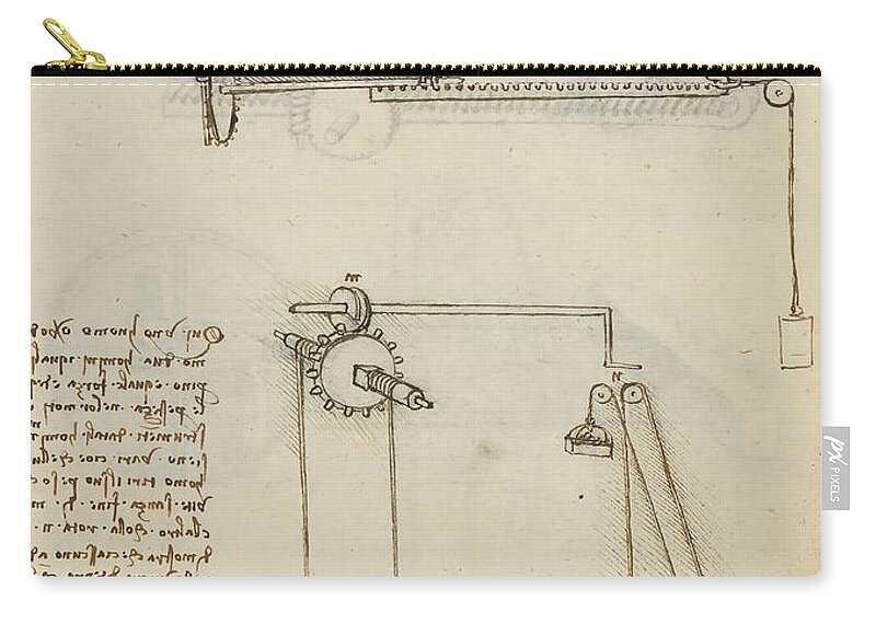 Codex Madrid I Zip Pouch featuring the drawing Folio f 35r. Codex Madrid I -Ms. 8937- 'Treaty of statics and mechanics', 192 folios with 384 pag... by Leonardo da Vinci -1452-1519-