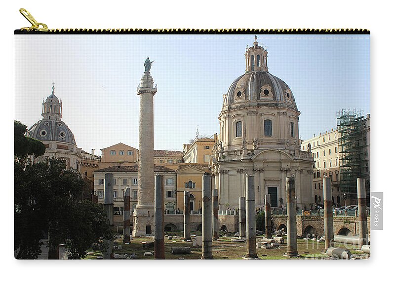 Trajan's Column Zip Pouch featuring the photograph Forum of Cesari in Rome with Trajan's Column and church in backg by Adam Long