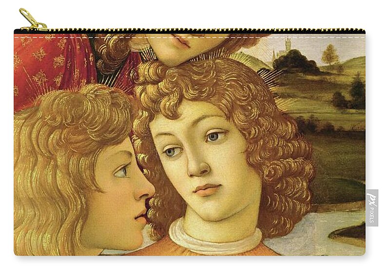 Florentine Zip Pouch featuring the painting Four angels. Detail from the Coronation of the Madonna and Child -Madonna of the Magnificat-. by Sandro Botticelli -1445-1510-