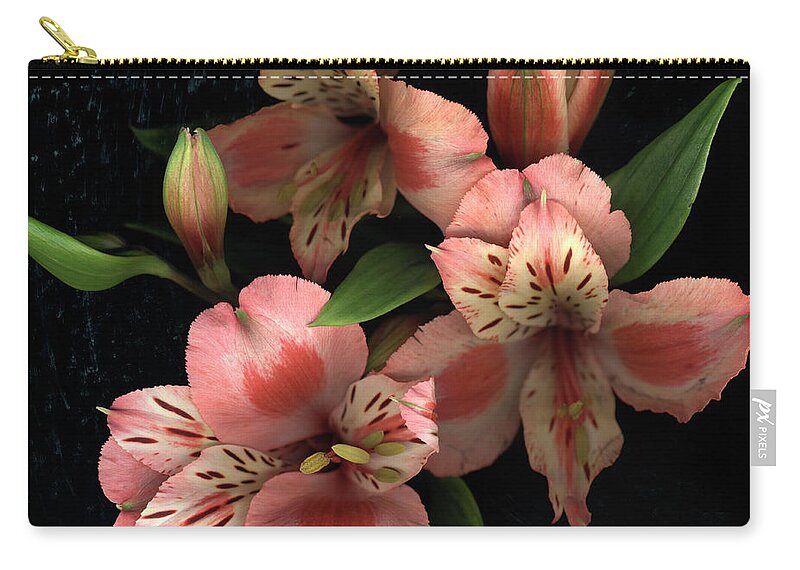 Freesia Zip Pouch featuring the photograph Freesia Flowers On Black Surface by Chris Collins