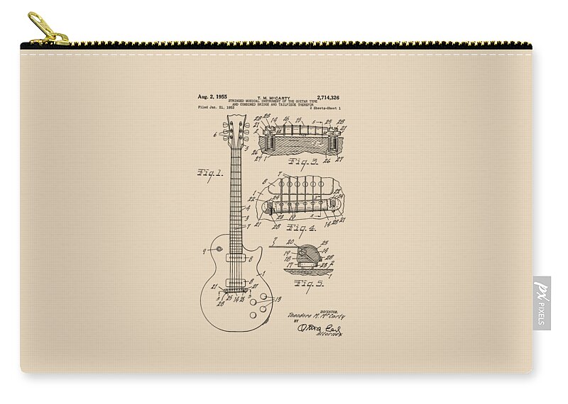 Gibson Les Paul Patent Drawing 1955 Vintage Art Print Zip Pouch featuring the digital art Gibson Les Paul Patent Drawing 1955 canvas print,photographic print,art print,framed print, by David Millenheft