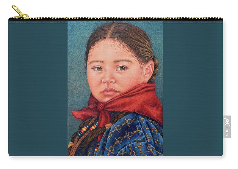 Portrait Of A Western Rodeo Girl. Native American. American Indian Portraits. Girls Face. Red Handkerchief. Girl In Braids. Horse Girl. Equine. Indian Pony Beads. Horse Tack Shirt Carry-all Pouch featuring the painting Girl in the Red Handkerchief by Valerie Evans