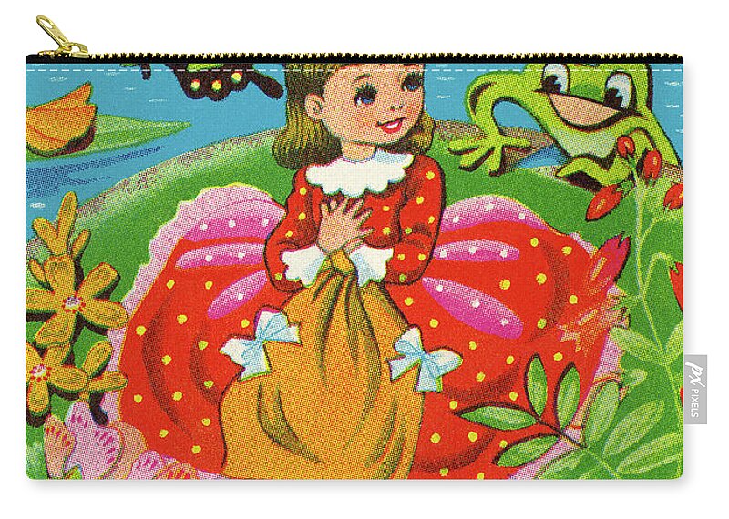 Amphibian Zip Pouch featuring the drawing Girl Sitting on a Lily Pad on a Pond by CSA Images