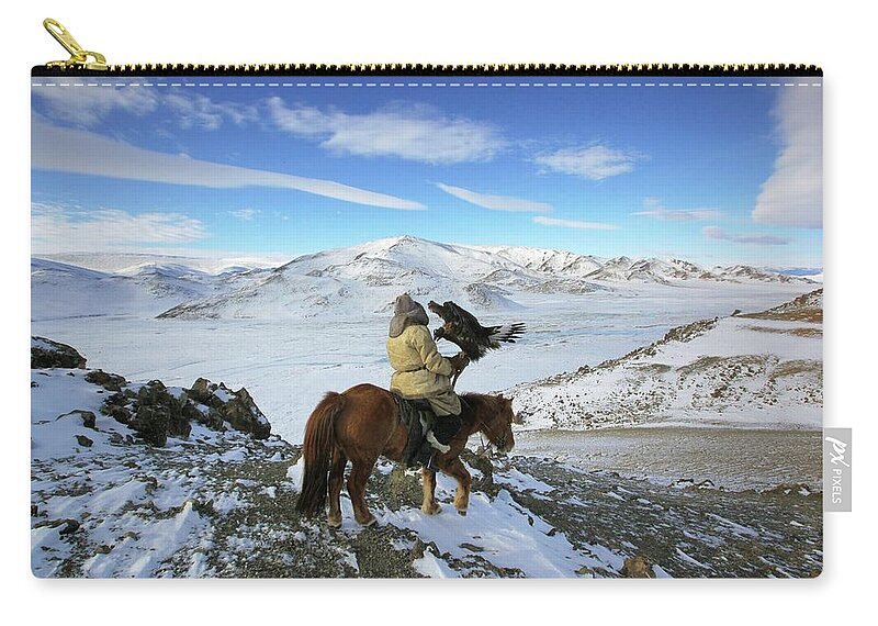 Horse Zip Pouch featuring the photograph Golden Eagle Hunter Riding In Altai by Timothy Allen