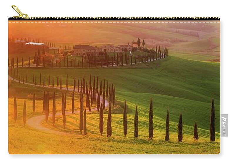 Tuscany; Villa; Green; Hills; Italy; Belvedere; Val D'orcia; Cypress; Trees; Beautiful; Countryside; Sunset; Rolling; Italia; Toscana; Rob Davies; Robert Davies; Landscape; Gold; Sun; Flare; Lens Flare; Panorama; Gladiator; Location; S Shape; Road; Classic Zip Pouch featuring the photograph Golden Tuscany II by Rob Davies