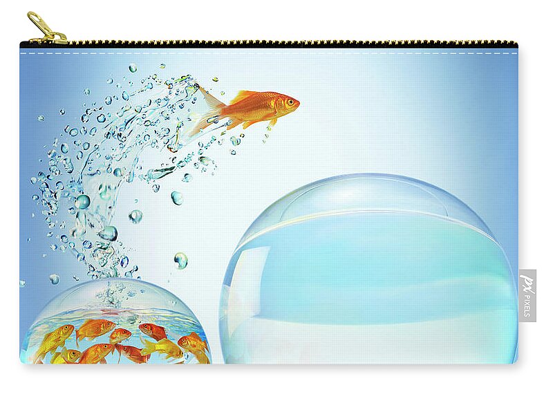 Pets Zip Pouch featuring the photograph Goldfish Jumping Out Of Overcrowded by Gandee Vasan