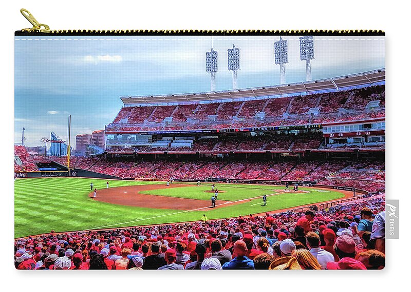 Great American Ball Park Zip Pouch featuring the painting Great American Ball Park Cincinnati Reds Baseball Ballpark Stadium by Christopher Arndt