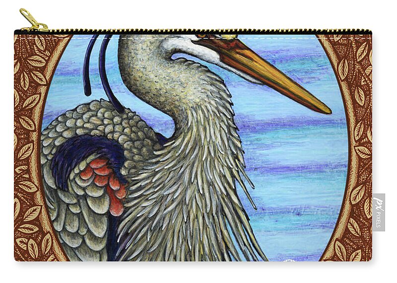 Animal Portrait Zip Pouch featuring the painting Great Blue Heron Portrait - Brown Border by Amy E Fraser