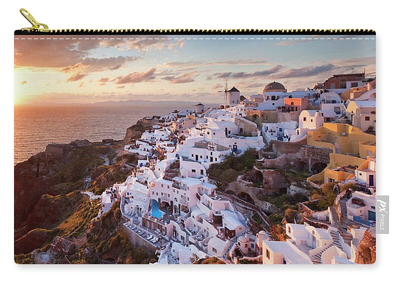 Estock Zip Pouch featuring the digital art Greece, Aegean Islands, Cyclades, Santorini Island, Greek Islands, Oia Village At Sunset by Luigi Vaccarella