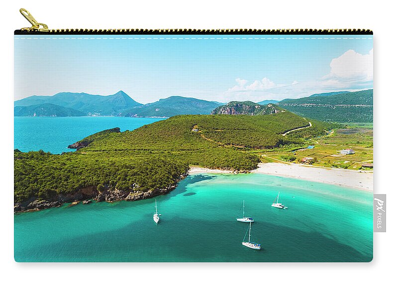 Estock Zip Pouch featuring the digital art Greece, Epirus, Preveza, Mediterranean Sea, Aerial View Of Nicos Beach In Ammoudia With Sailing Boats, A Small Fishing Village by Armand Ahmed Tamboly