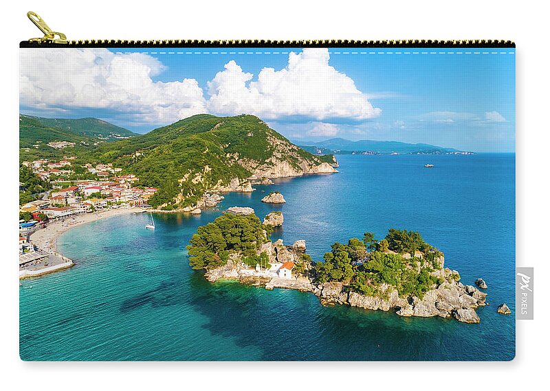 Estock Zip Pouch featuring the digital art Greece, Epirus, Preveza, Mediterranean Sea, Parga, Aerial Of Panagia Chapel On Panagia Island By Parga In Spring Later Afternoon by Armand Ahmed Tamboly