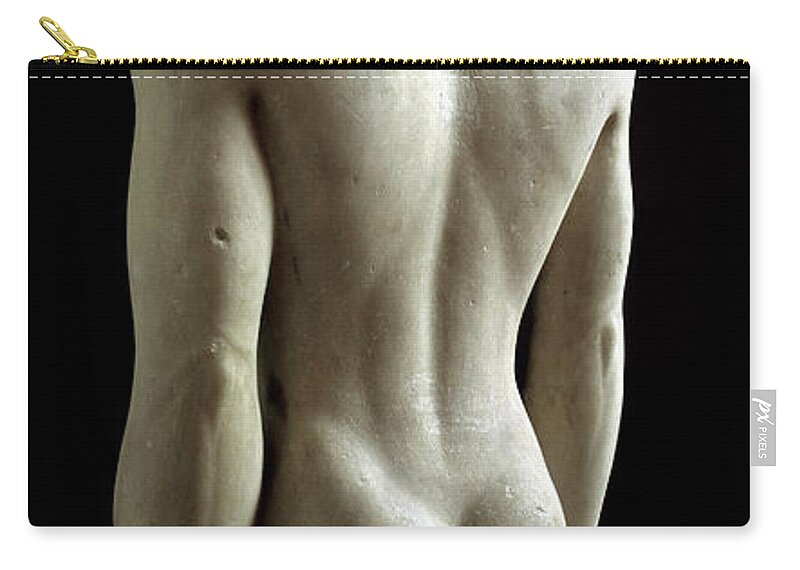 Greek Art: Statue Of Kouros Zip Pouch featuring the photograph Greek Art, Statue Of Kouros, Sculpture Of Young Man Of The Archaic Period by Greek School
